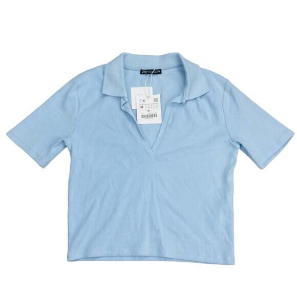 NWT ZARA Cropped Ribbed Polo Top Sz Medium Blue - Picture 2 of 4